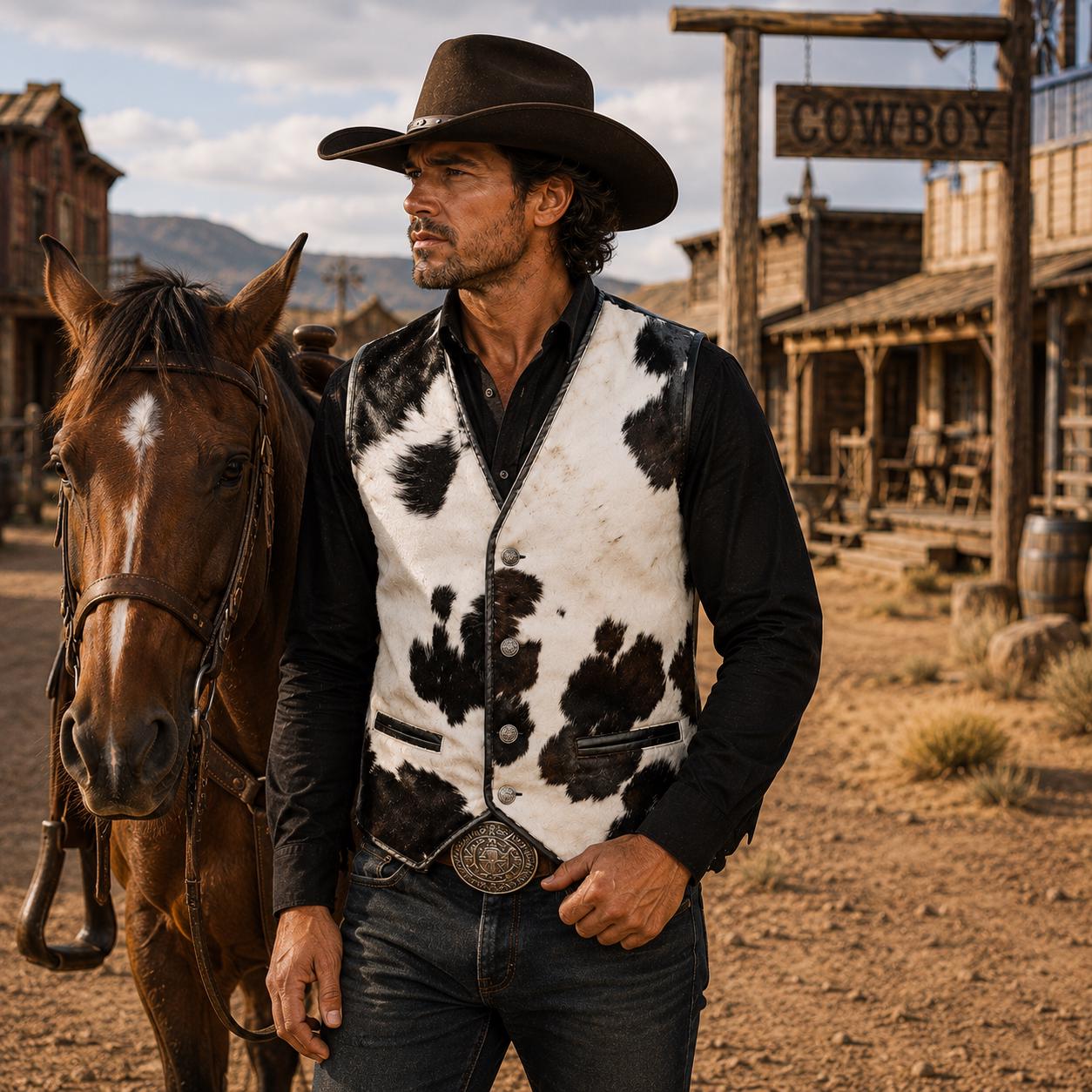 Cowhide Leather Biker Vest Black White Handmade Western Motorcycle Ranch Waistcoat Men