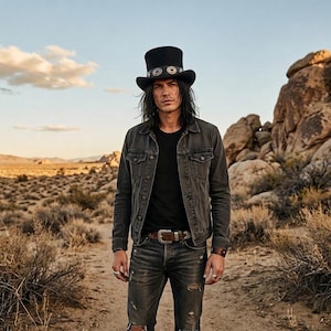 May include: A person wearing a black top hat with silver detailing, a dark denim jacket, a black t-shirt, and distressed jeans. The person is standing on a dirt track in a desert landscape with rock formations and a blue sky.