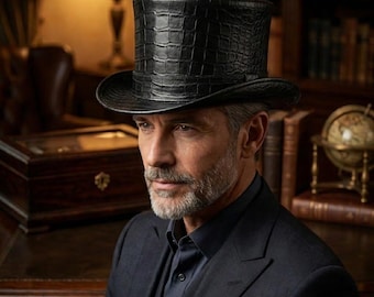 Leather Top Hat Crocodile Embossed Hat Handmade Black Headwear Classic for Men