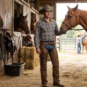 May include: A man wearing a plaid shirt, cowboy hat, and leather chaps stands next to a brown horse in a stable. The horse has a brown bridle. Other horses are visible in the background. Hay bales and saddles are also visible.