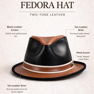 Classic black leather fedora with tan band, worn with coat and turtleneck, city street setting, sophisticated gentleman style, timeless fashion accessory, modern urban outfit, stylish statement headwear design
