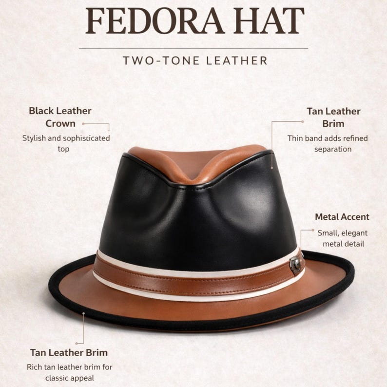 Classic black leather fedora with tan band, worn with coat and turtleneck, city street setting, sophisticated gentleman style, timeless fashion accessory, modern urban outfit, stylish statement headwear design