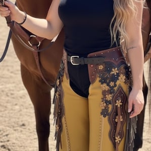 May include: Mustard yellow and brown leather chaps with floral and fringe detailing. The chaps are worn with a black belt and a black top. The chaps are decorated with brown leather flowers and dark brown accents.