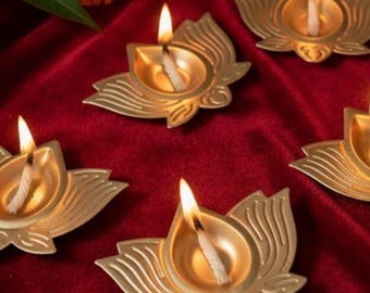 Lotus Shaped Metal Diya | Round Shape Tea Light Holder - Pooja Lamp & Diwali Decor