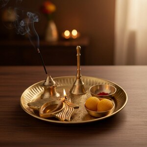 May include: A brass puja thali with a lit oil lamp, incense, and small bowls containing red powder and yellow sweets. Smoke rises from the incense, and the thali is set on a wooden table. The background is softly lit.