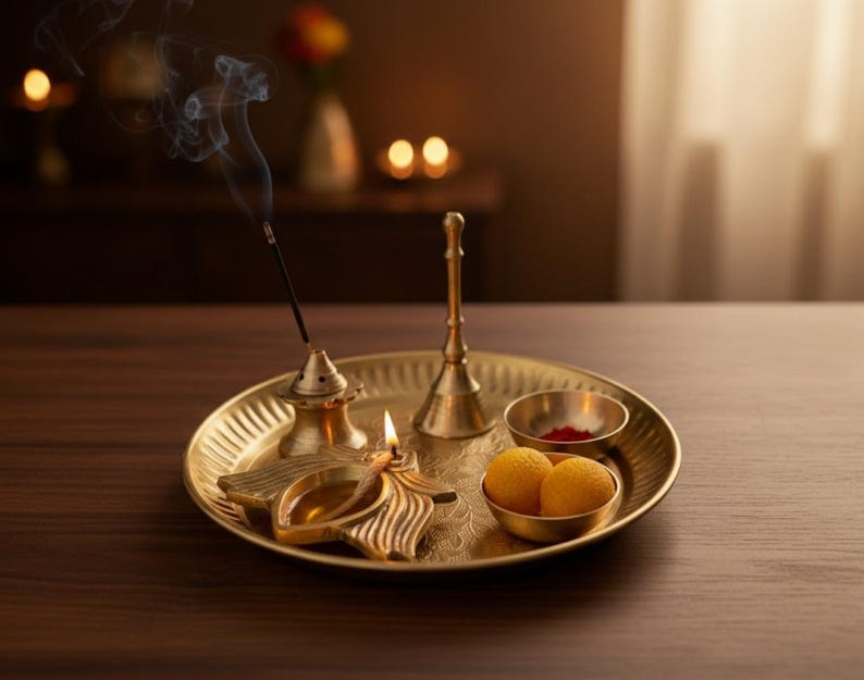May include: A brass puja thali with a lit oil lamp, incense, and small bowls containing red powder and yellow sweets. Smoke rises from the incense, and the thali is set on a wooden table. The background is softly lit.