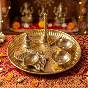 Brass Pooja Thali Set with Lotus Diya, Incense Holder & Kumkum Bowls – Hindu Ritual Essentials image 3