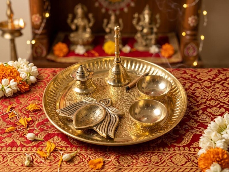 Brass Pooja Thali Set with Lotus Diya, Incense Holder & Kumkum Bowls – Hindu Ritual Essentials image 3