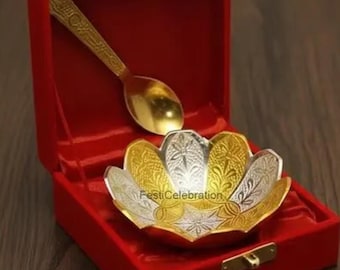 Bol à fruits secs en métal Lotus avec cuillère - Décoration d'intérieur dorée, ton argent, 3 pouces