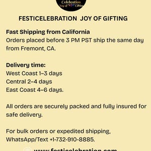 May include: Cream-colored graphic with the text "FESTICELEBRATION JOY OF GIFTING." Includes a logo with the words "Pesti Celebration Joy of Gifting." Additional text details fast shipping from California and delivery times.