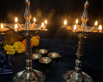 Brass Panchmukhi Diya Lamp – Kerala Pooja Aarti Deepak, Home Temple Decor (Set of 2)