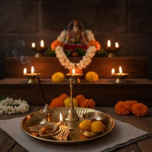May include: A traditional Hindu puja setup with lit oil lamps, incense, and a brass plate holding offerings. The scene includes a deity statue adorned with garlands, creating a warm, spiritual ambiance. The wooden surface adds a rustic touch.