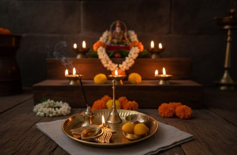 May include: A traditional Hindu puja setup with lit oil lamps, incense, and a brass plate holding offerings. The scene includes a deity statue adorned with garlands, creating a warm, spiritual ambiance. The wooden surface adds a rustic touch.