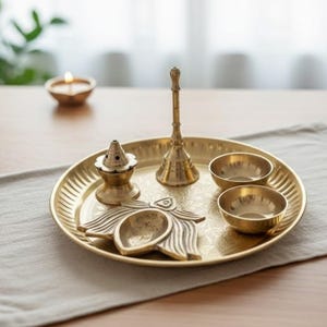May include: A golden brass puja thali set with a bell, two small bowls, a lamp, and an incense holder. The thali is on a light gray placemat on a wooden table. A lit candle is in the background.