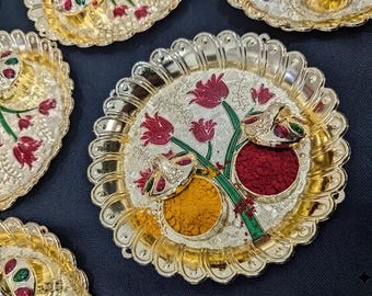 Meenakari Haldi Kumkum Plate with Holder, Leaf Tika Platter, Indian Pooja Thali, Return Gift