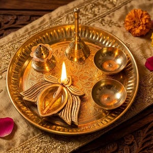 Brass Pooja Thali Set with Lotus Diya, Incense Holder & Kumkum Bowls – Hindu Ritual Essentials image 1