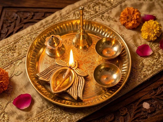 Brass Pooja Thali Set with Lotus Diya, Incense Holder & Kumkum Bowls – Hindu Ritual Essentials