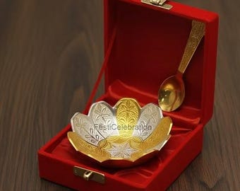 Frutero metálico Lotus con cuchara, 7,6 cm, dorado y plateado, para decoración del hogar