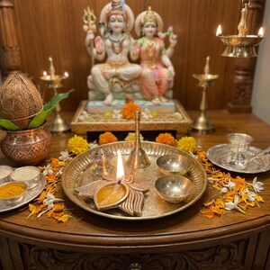 Brass Pooja Thali Set with Lotus Diya, Incense Holder & Kumkum Bowls – Hindu Ritual Essentials image 2