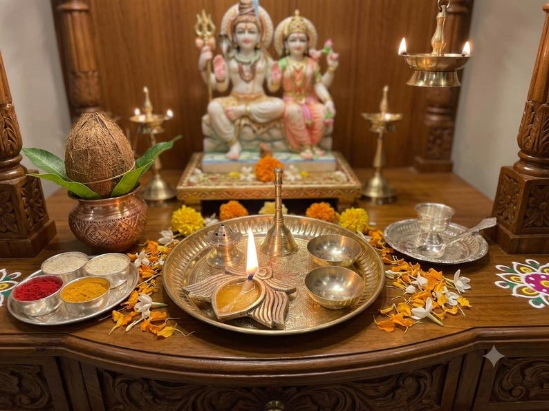 Brass Pooja Thali Set with Lotus Diya, Incense Holder & Kumkum Bowls – Hindu Ritual Essentials image 2