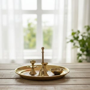 May include: A golden brass tray with decorative items, including a bell, a small bowl, and a candle holder. The items are arranged on a wooden table in front of a window with sheer white curtains. The tray is approximately 10 inches in diameter.