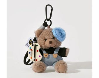 Cute Artist Teddy Bear Plush Bag Charm, Handmade Kawaii Bear Keychain, Original Design Backpack Pendant, Plush Doll Gift for Couples