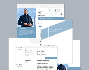 May include: A blue and white resume template with a photo of a man in a suit. The resume includes the text "Ing. Maxi Webers, Managing Director" and "Bewerbung als..." The resume is in German.