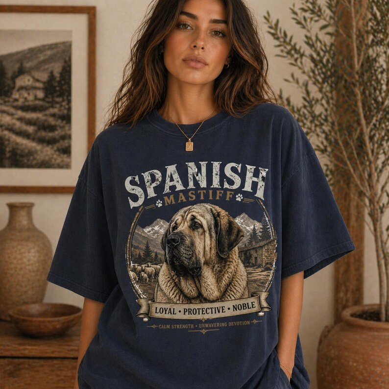 Spanish Mastiff shirt featuring a detailed vintage dog illustration printed on a premium Comfort Colors t-shirt. This oversized graphic tee showcases a loyal and protective mastiff design with rustic mountain and farm elements, perfect for dog lovers, breeders, and large dog owners. Styled in a cozy lifestyle mockup, this aesthetic dog breed shirt makes a unique gift for Spanish Mastiff fans and pet lovers.