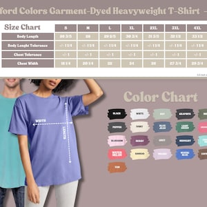 May include: The image showcases a Comfort Colors Garment-Dyed Heavyweight T-Shirt. A size chart displays measurements in inches, and a color chart presents various hues. Two people model the shirts, one in teal and the other in lavender.