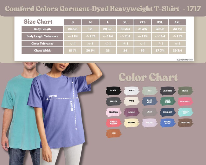 May include: The image showcases a Comfort Colors Garment-Dyed Heavyweight T-Shirt. A size chart displays measurements in inches, and a color chart presents various hues. Two people model the shirts, one in teal and the other in lavender.