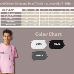May include: A pink youth heavyweight t-shirt with a size chart and color options. The size chart includes measurements for body length, chest width, and numerical sizes. Color options are white, black, and pepper.