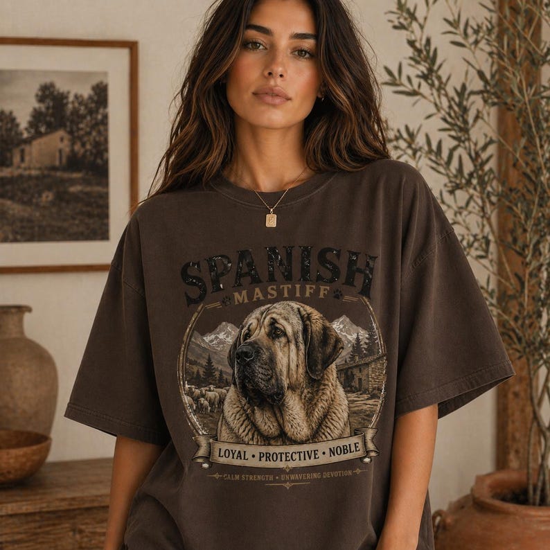 Spanish Mastiff shirt featuring a detailed vintage dog illustration printed on a premium Comfort Colors t-shirt. This oversized graphic tee showcases a loyal and protective mastiff design with rustic mountain and farm elements, perfect for dog lovers, breeders, and large dog owners. Styled in a cozy lifestyle mockup, this aesthetic dog breed shirt makes a unique gift for Spanish Mastiff fans and pet lovers.