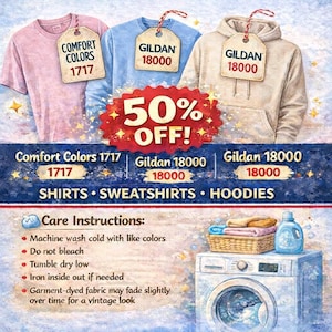 May include: An advertisement featuring three garments: a pink t-shirt, a light blue crew neck, and a beige hoodie. Each garment has a tag with the brand and style number. The image includes text that reads "50% OFF!" and "SHIRTS &bull; SWEATSHIRTS &bull; HOODIES."