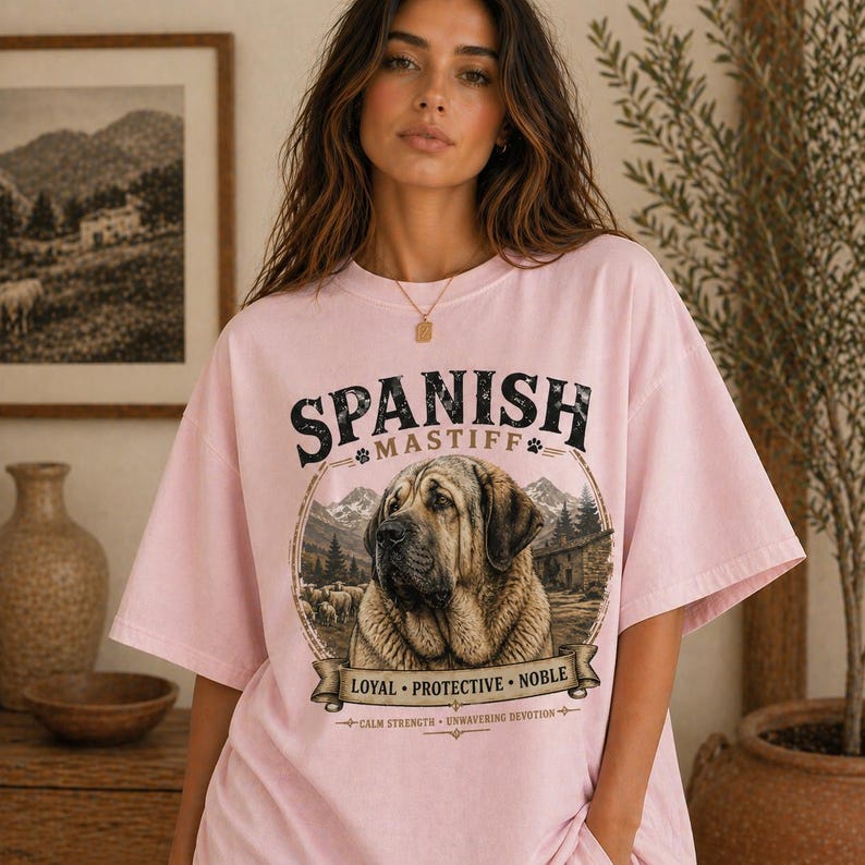 Spanish Mastiff shirt featuring a detailed vintage dog illustration printed on a premium Comfort Colors t-shirt. This oversized graphic tee showcases a loyal and protective mastiff design with rustic mountain and farm elements, perfect for dog lovers, breeders, and large dog owners. Styled in a cozy lifestyle mockup, this aesthetic dog breed shirt makes a unique gift for Spanish Mastiff fans and pet lovers.