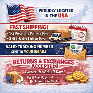 May include: Illustration with the American flag, text "Proudly Located in the USA", and information about shipping, tracking, and returns. Includes a calendar, delivery truck, and envelope with a checkmark.