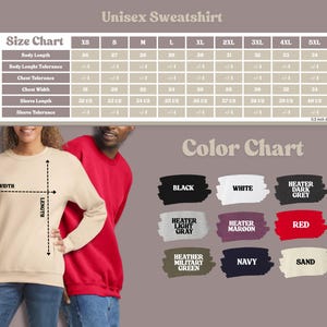 May include: A beige unisex sweatshirt is shown with a size chart and color chart. The size chart lists body length, chest width, and sleeve length measurements. The color chart displays swatches of black, white, heather gray, red, and other colors.