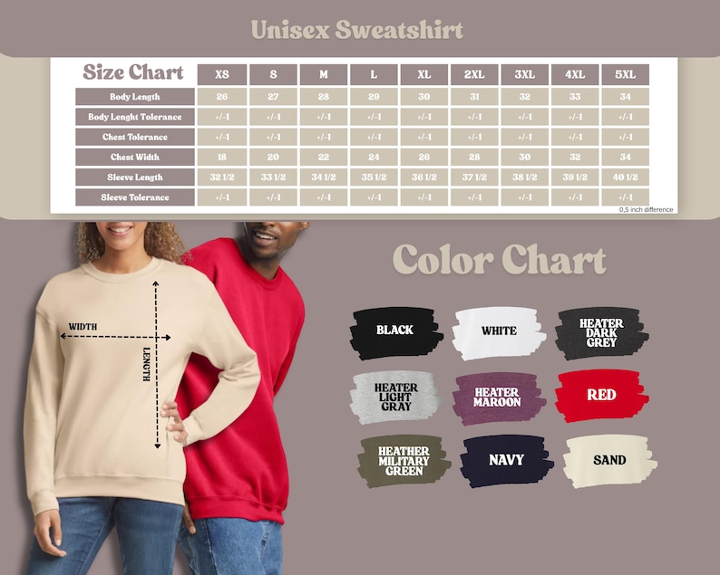 May include: A beige unisex sweatshirt is shown with a size chart and color chart. The size chart lists body length, chest width, and sleeve length measurements. The color chart displays swatches of black, white, heather gray, red, and other colors.