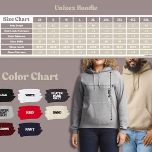 May include: A gray unisex hoodie with a size chart and color options. The size chart includes measurements in inches for body length, chest width, and sleeve length. Color options include black, white, red, and navy.