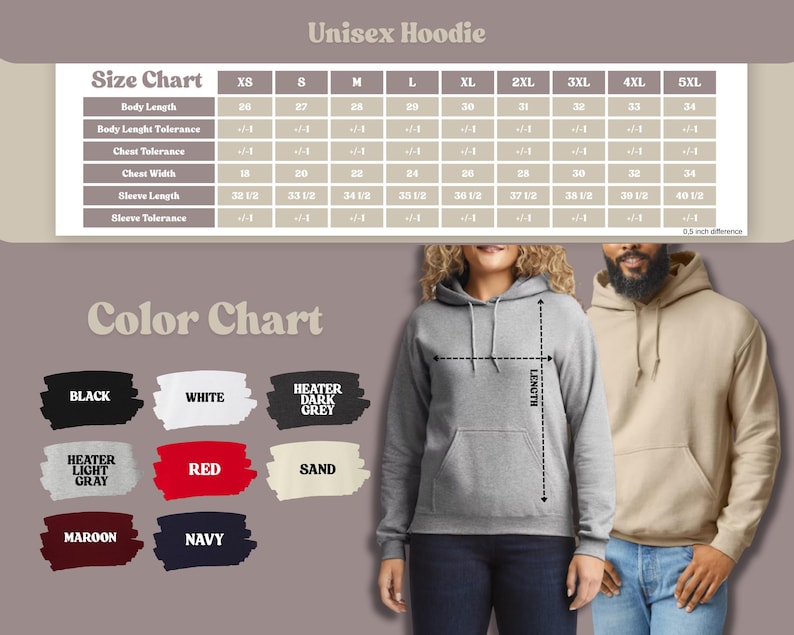 May include: A gray unisex hoodie with a size chart and color options. The size chart includes measurements in inches for body length, chest width, and sleeve length. Color options include black, white, red, and navy.