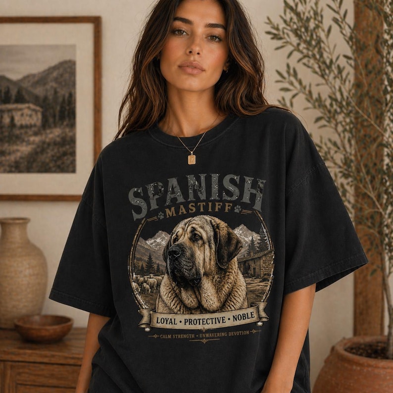 Spanish Mastiff shirt featuring a detailed vintage dog illustration printed on a premium Comfort Colors t-shirt. This oversized graphic tee showcases a loyal and protective mastiff design with rustic mountain and farm elements, perfect for dog lovers, breeders, and large dog owners. Styled in a cozy lifestyle mockup, this aesthetic dog breed shirt makes a unique gift for Spanish Mastiff fans and pet lovers.