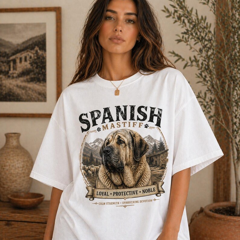 Spanish Mastiff shirt featuring a detailed vintage dog illustration printed on a premium Comfort Colors t-shirt. This oversized graphic tee showcases a loyal and protective mastiff design with rustic mountain and farm elements, perfect for dog lovers, breeders, and large dog owners. Styled in a cozy lifestyle mockup, this aesthetic dog breed shirt makes a unique gift for Spanish Mastiff fans and pet lovers.