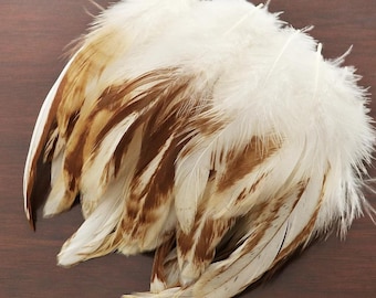 May include: A bunch of white feathers with brown markings. The feathers are soft and fluffy, and they would be perfect for crafting or decorating.