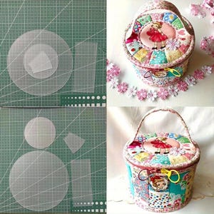 May include: A round, quilted fabric storage case with a zipper closure and a top handle. The exterior features a patchwork design with floral and character prints, including a central illustration of a girl in a red dress. Includes clear templates.