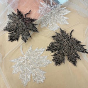 Puede incluir: Cuatro aplicaciones de encaje con forma de hoja de arce dispuestas sobre una tela transparente. Dos hojas son negras y dos son blancas, cada una con un patrón de venas intrincado y detallado, con bordes delicados y deshilachados en el diseño.