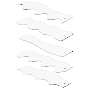 May include: Five clear acrylic templates in various curved and wavy shapes. Each template has a smooth, polished surface and a small hole at one end. The templates are designed for crafting or design projects.