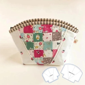 May include: A patchwork fabric pouch with a striped top and a zip closure. The pouch features a colourful design with floral and geometric patterns in pink, green, and blue. Two paper templates labelled "Small Pouch" and "Medium Pouch" are included.