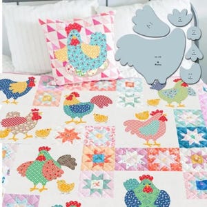 May include: A patchwork quilt featuring various chicken and chick fabric appliques in blue, red, yellow, and green patterns, interspersed with star-patterned blocks. A matching throw pillow and a set of grey plastic templates are included.