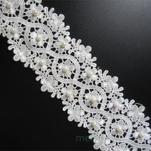 Perlen-Blume bestickte Spitzenborte, 1 Yard, weißes Polyester-Band, für Hochzeit nähen, Basteln, Kleidung und dekorative Nähprojekte