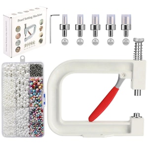 May include: A white pearl setting machine with a red handle, a box labeled "Pearl Setting Machine", and a clear container filled with pearls of various colors and sizes. Includes interchangeable tips for 4mm, 5mm, 6mm, 8mm, and 10mm pearls.
