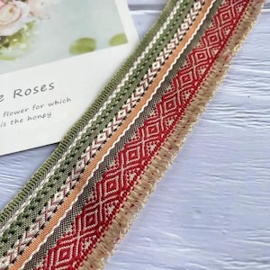 Woven Jacquard Ribbon with Tassel Embellishments, 1 Yard, Intricate Textile Trim for Garment Straps, Fashion Accessories, and DIY Craft Use